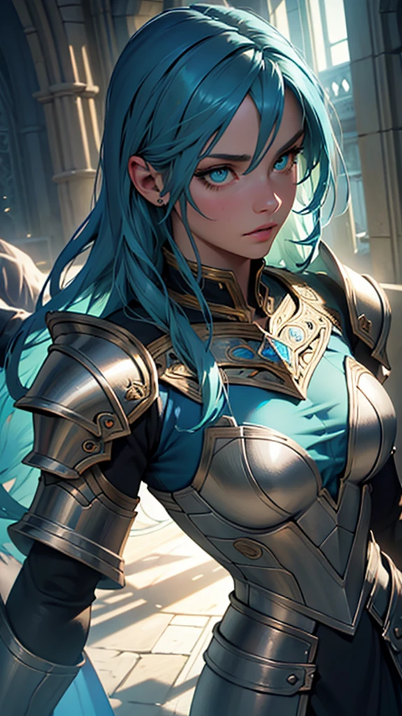 1girl, beautiful detailed eyes,beautiful detailed lips,extremely detailed face, long blue hair, striking green eyes, ornate knight's armor, crafting mystical potion, fantasy scene, cinematic lighting, dramatic lighting, extremely detailed, hyper realistic, 8k, photo realistic, ultra detailed, high quality, HDR, physically based rendering, professional, vivid colors, dramatic composition, intricate details, studio lighting, sharp focus, masterpiece