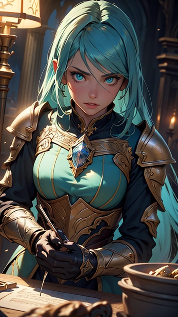 1girl, beautiful detailed eyes,beautiful detailed lips,extremely detailed face, long blue hair, striking green eyes, ornate knight's armor, crafting mystical potion, fantasy scene, cinematic lighting, dramatic lighting, extremely detailed, hyper realistic, 8k, photo realistic, ultra detailed, high quality, HDR, physically based rendering, professional, vivid colors, dramatic composition, intricate details, studio lighting, sharp focus, masterpiece