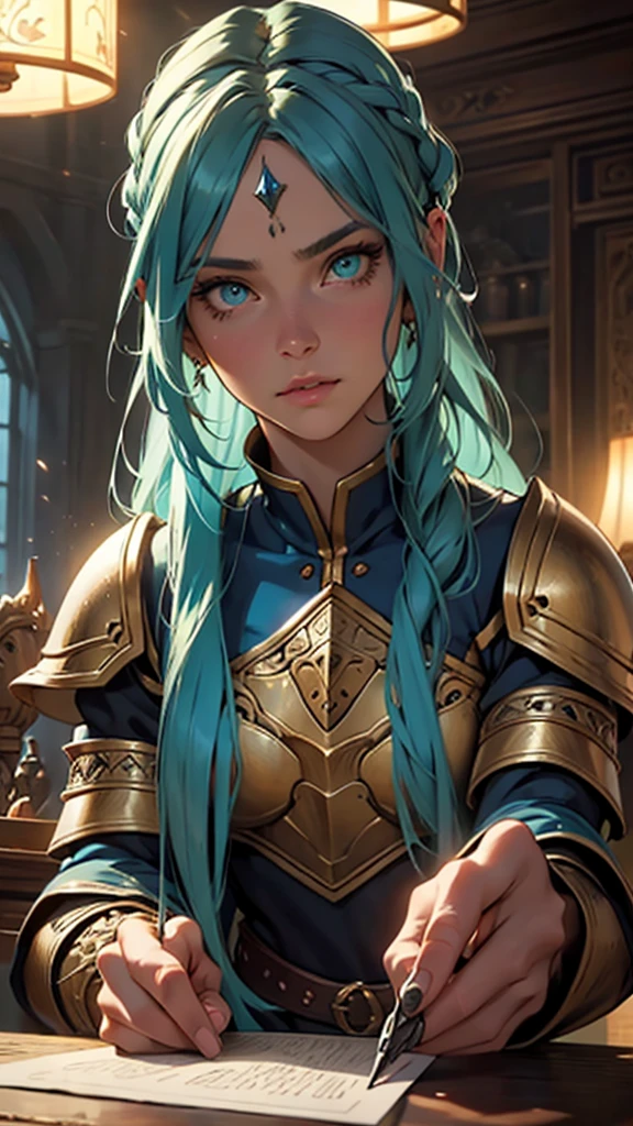 1girl, beautiful detailed eyes,beautiful detailed lips,extremely detailed face, long blue hair, striking green eyes, ornate knight's armor, crafting mystical potion, fantasy scene, cinematic lighting, dramatic lighting, extremely detailed, hyper realistic, 8k, photo realistic, ultra detailed, high quality, HDR, physically based rendering, professional, vivid colors, dramatic composition, intricate details, studio lighting, sharp focus, masterpiece