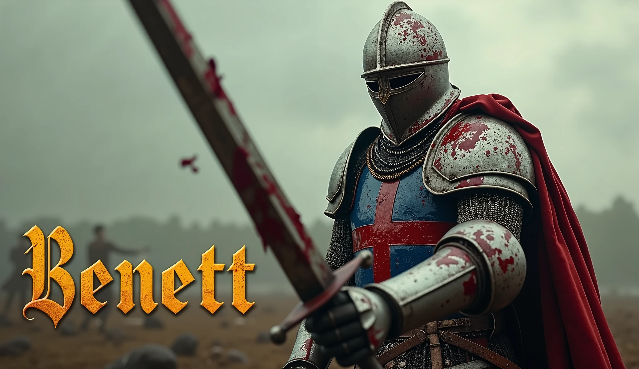 A movie poster depicting a scary knight holding a bloody two-handed sword. (medieval battered light armour & helmet, very (damaged by fighting), blue and red coat of arms, with vertical yellow thin sword simple logo pointing upwards). bloods, (He's on a battlefield with the words "Benett" written in large golden letters in the foreground).