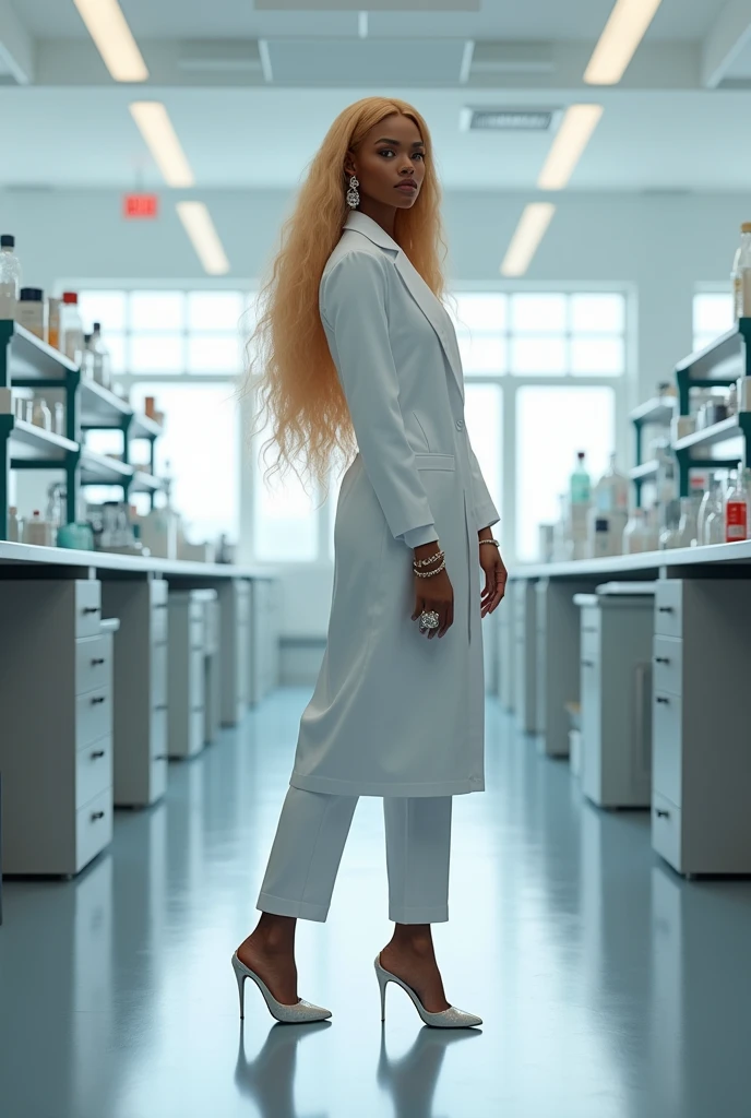 Black woman with long blonde hair, thin woman in typical laboratory technician clothing wearing fashion accessories such as earrings, rings and high heels in a laboratory-themed setting 