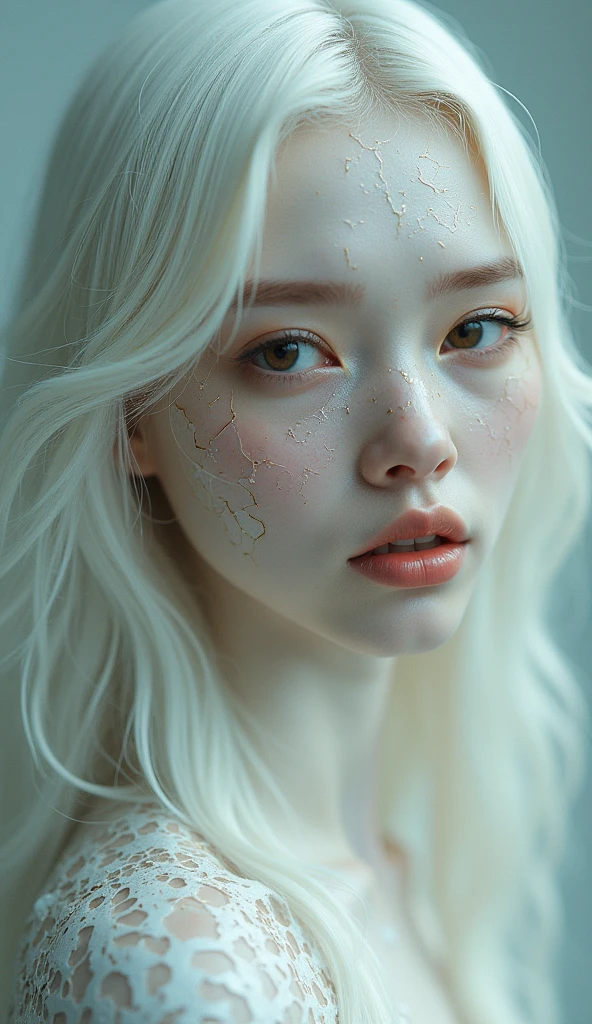 portrait of a woman with porcelain kintsugi skin,cracked skin,shattered porcelain skin,deep fine cracks,kintsugi,soft focus,half body editorial shot,detph of field,uncanny,long white hair,stunning perfect shining eyes,pale skin,shy smile,intricitaly hyperdetailed,amazing depth,expansive details,cracked surface,iridescent surface,Anna Dittmann,Dominic Qwek,complex masterwork by head of prompt engineering,