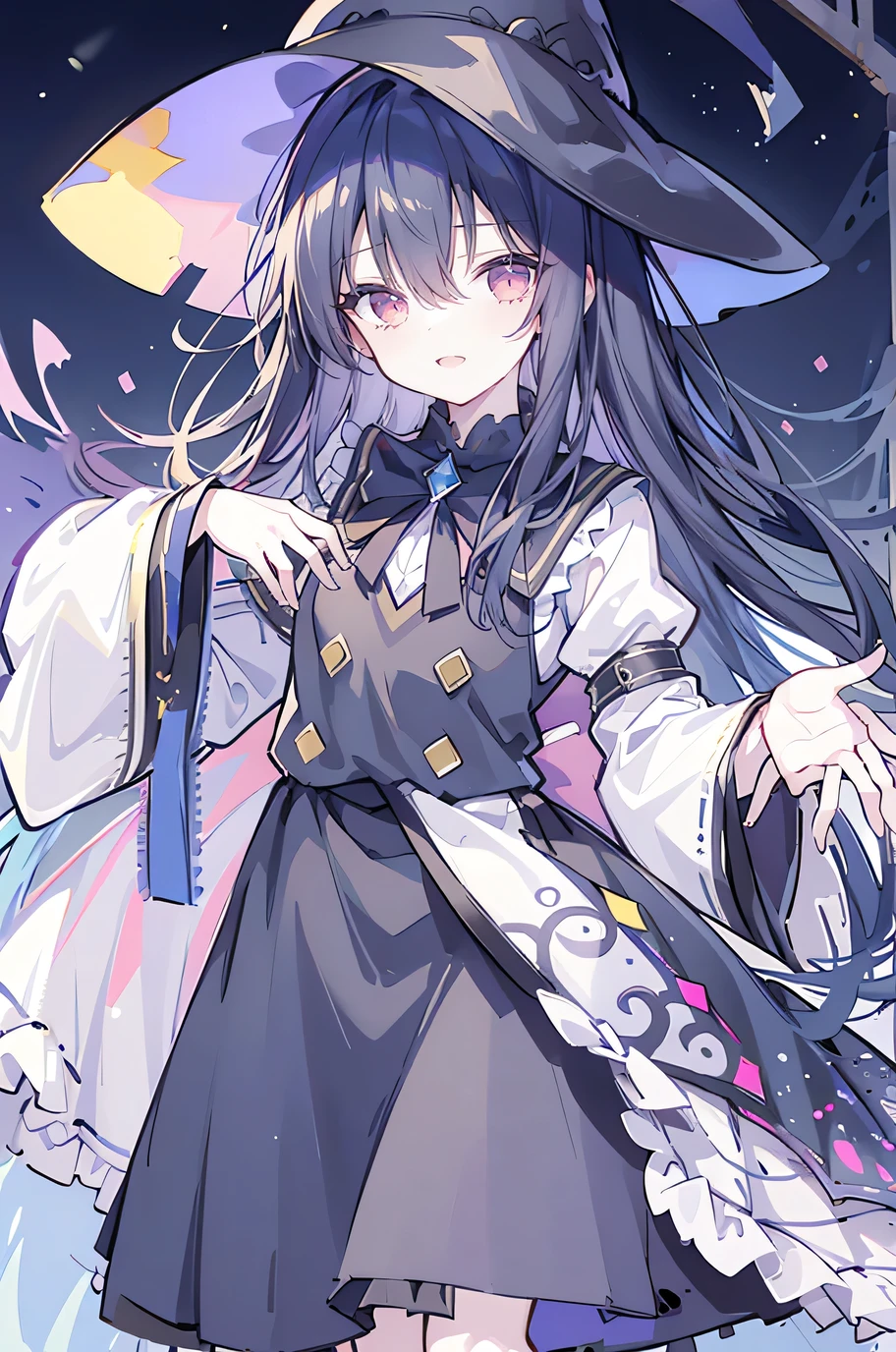 oung Girls,Humanity,A magician always smiles,big witch hat,cute,dark blue long hair,The eyes are dull,The bangs are heavy,Thin eyebrows,fantasy,intake,Double teeth,Star Theme,Constellation pattern,Solid color clothetal decoration,cloak,A bit of a dark atmosphere,A little crazy smile,When the big moon shines outside at night,blood,Hair black star embellishment,Short tie,No nails,High waist skirt,Bell sleeves,Long-sleeved shirt,Black tie,low risk,gentlemen。Mist、Yellow and white effect,Shocking pink as an accent color,Lie on the ground.