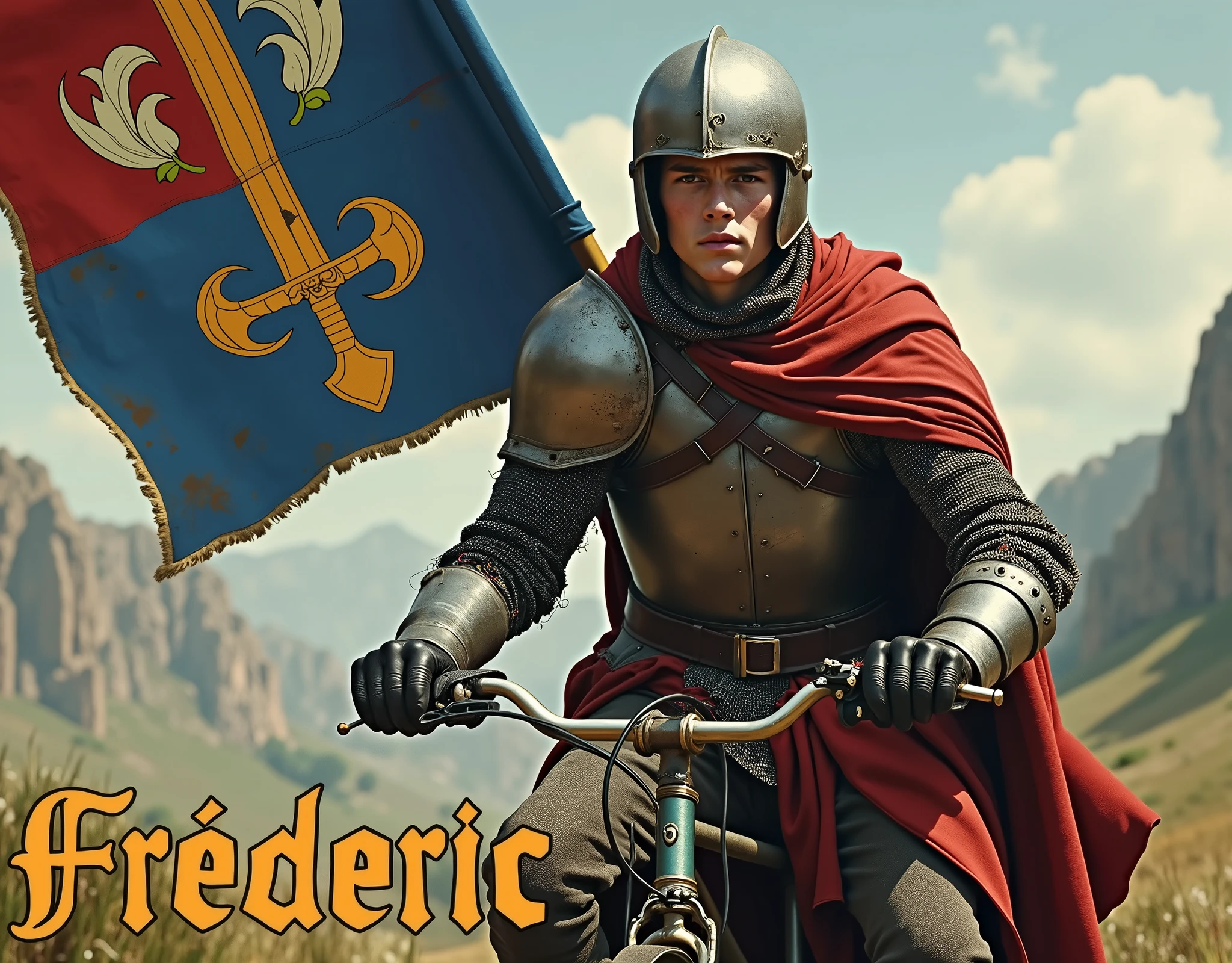 A movie poster depicting a young man riding a classic old bicycle, with a (large blue and red banner with coat of arms thin vertical yellow sword painted upwards between 2lily flowers), damaged by fighting. wearing medieval battered chain mail, helmet, gloves, very battle-damaged, blue and red coat of arms. He has white pale skin and exhausted face and sweat. He's in valley with the words "Frédéric" written in large golden letters in the foreground.