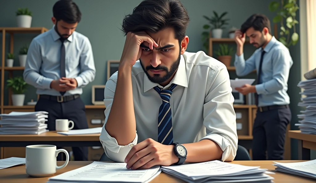 First Year Struggles in Business: Show Vijay and his friend in a cluttered workspace, dealing with issues like low sales, bills piling up, and frustrated expressions.
