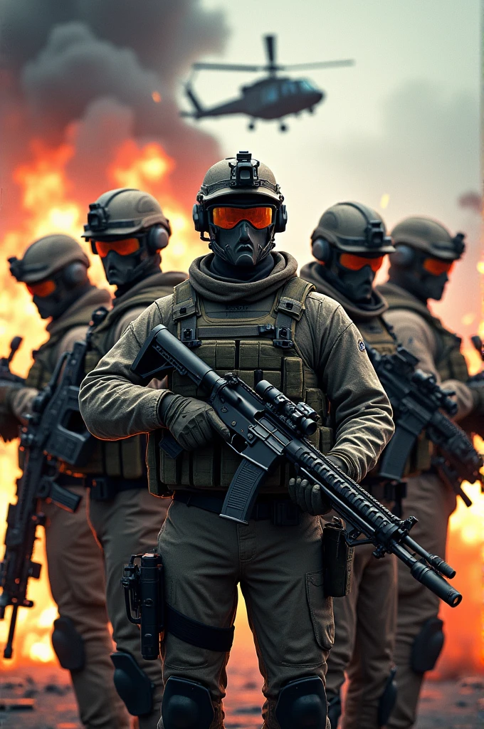 The image shows four soldiers in full military gear standing in a row, each equipped with weapons such as rifles. They appear ready for battle, with a backdrop that includes explosions and helicopters. The title "FPS Online Strike" is prominently displayed in the center, indicating that this is likely a promotional image for a first-person shooter (FPS) game.
### Detailed Prompt:
"Create a dynamic promotional image for an FPS (First-Person Shooter) online game. The scene should feature four highly detailed soldiers in full combat gear, each holding different weapons like assault rifles and sniper rifles. The soldiers should appear ready for battle, standing in a formation with a dramatic backdrop of explosions, fire, and helicopters in the sky. The title 'FPS Online Strike' should be prominently displayed in the center with bold, metallic text. The overall mood should convey intensity, action, and military strategy."