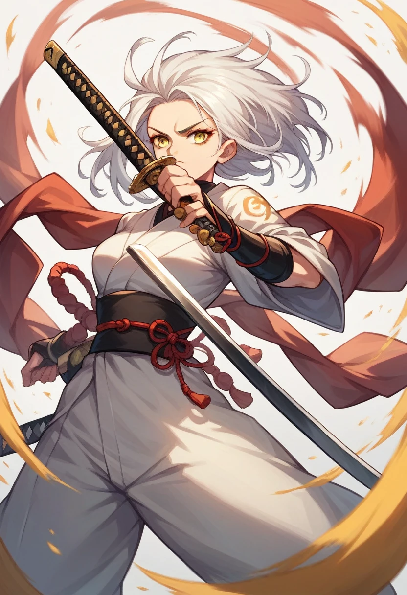 female samurai,beautiful,The old days,Woman 1,holding a katana sword,best pictures,long white hair,Golden yellow eyes,sexly,Action,