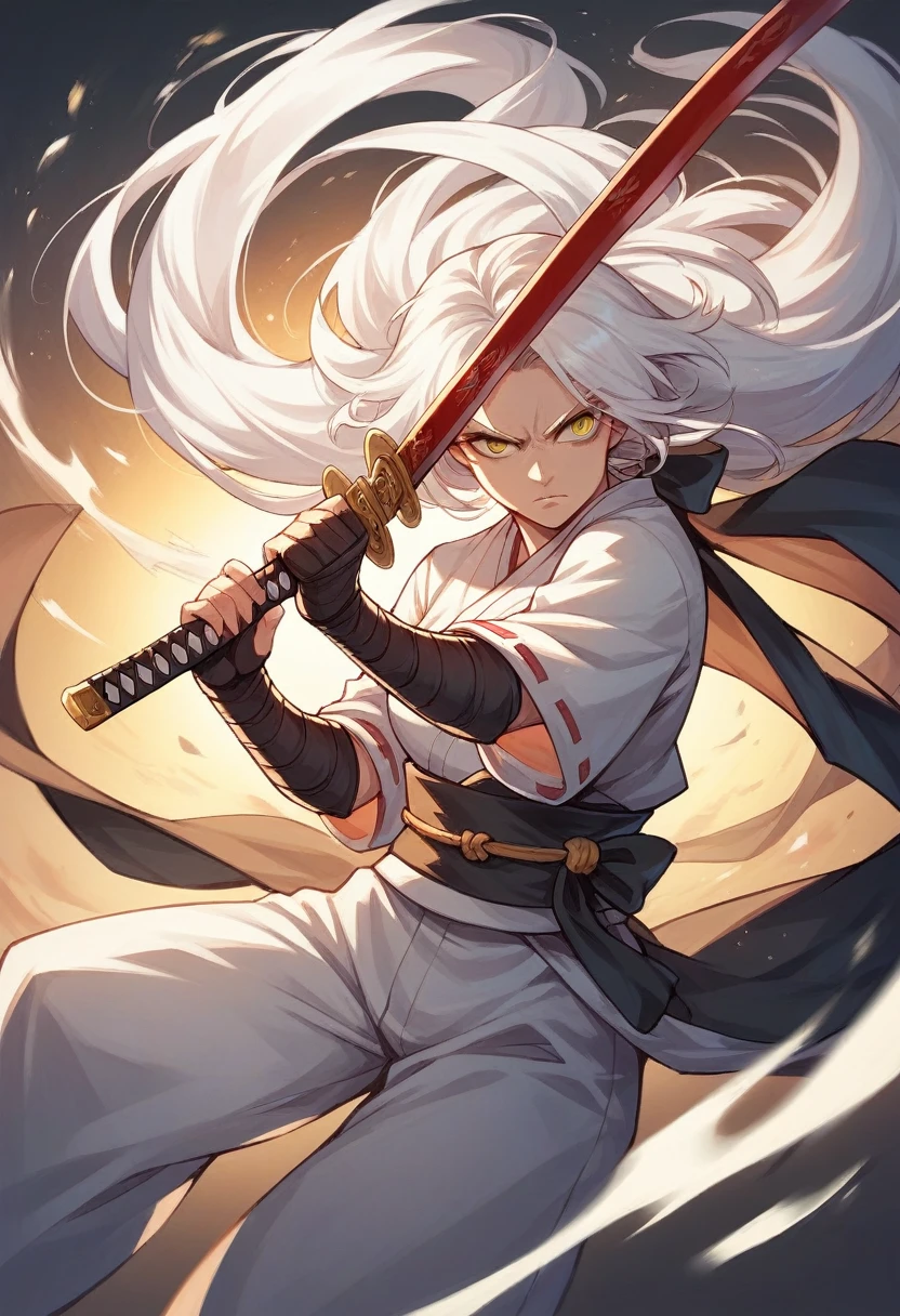 female samurai,beautiful,The old days,Woman 1,holding a katana sword,best pictures,long white hair,Golden yellow eyes,sexly,Action,