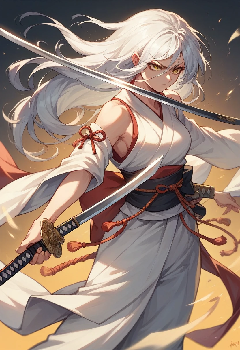 female samurai,beautiful,The old days,Woman 1,holding a katana sword,best pictures,long white hair,Golden yellow eyes,sexly,Action,