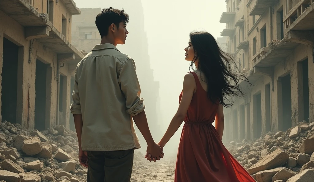 A boy age 38 years name June A girl age 30 years name Julie can't see the figure of both In the background there are broken buildings Many old building٫ the girl is releasing her hand from the boy's hand and the boy is standing there