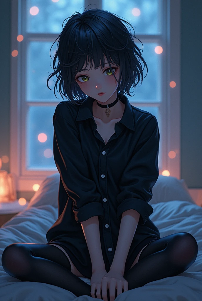 masterpiece, best quality, extremely detailed CG unity 8k wallpaper, anime illustration, best quality, bags under eyes, 1girl, goth, black shirt, rolled up sleeves messy hair, sitting on bed, bangs, black stockings, bokeh photography, (soft focus):1.2, out-of-focus highlights, dreamy ambiance, glowing circles, mesmerizing depth,Depth of written boundary