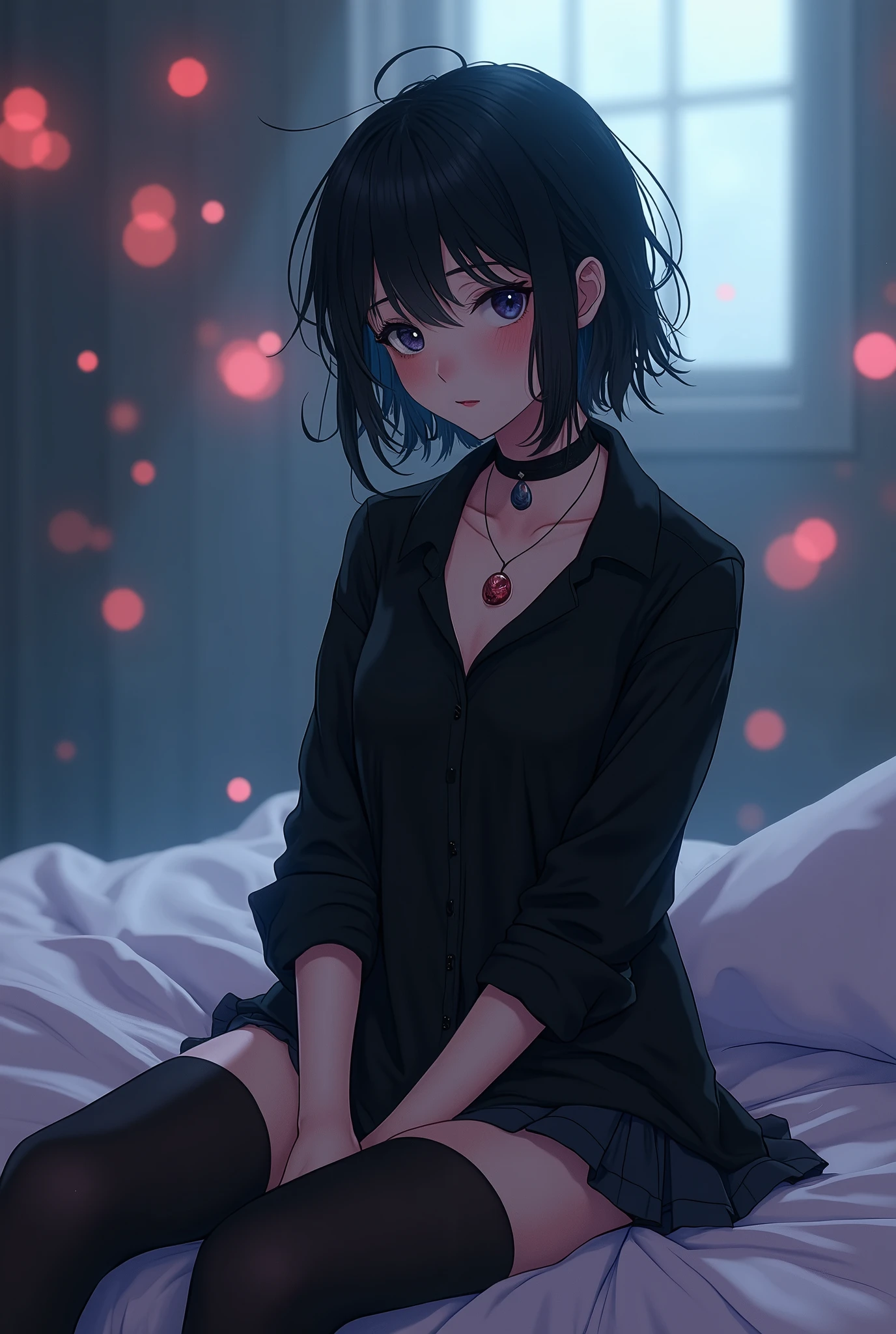 masterpiece, best quality, extremely detailed CG unity 8k wallpaper, anime illustration, best quality, bags under eyes, 1girl, goth, black shirt, rolled up sleeves messy hair, sitting on bed, bangs, black stockings, bokeh photography, (soft focus):1.2, out-of-focus highlights, dreamy ambiance, glowing circles, mesmerizing depth,Depth of written boundary