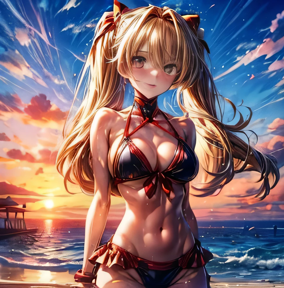 Eva Shikinami Asuka Langley Whole person Blonde long twin tails luxury bikini Sunset beach