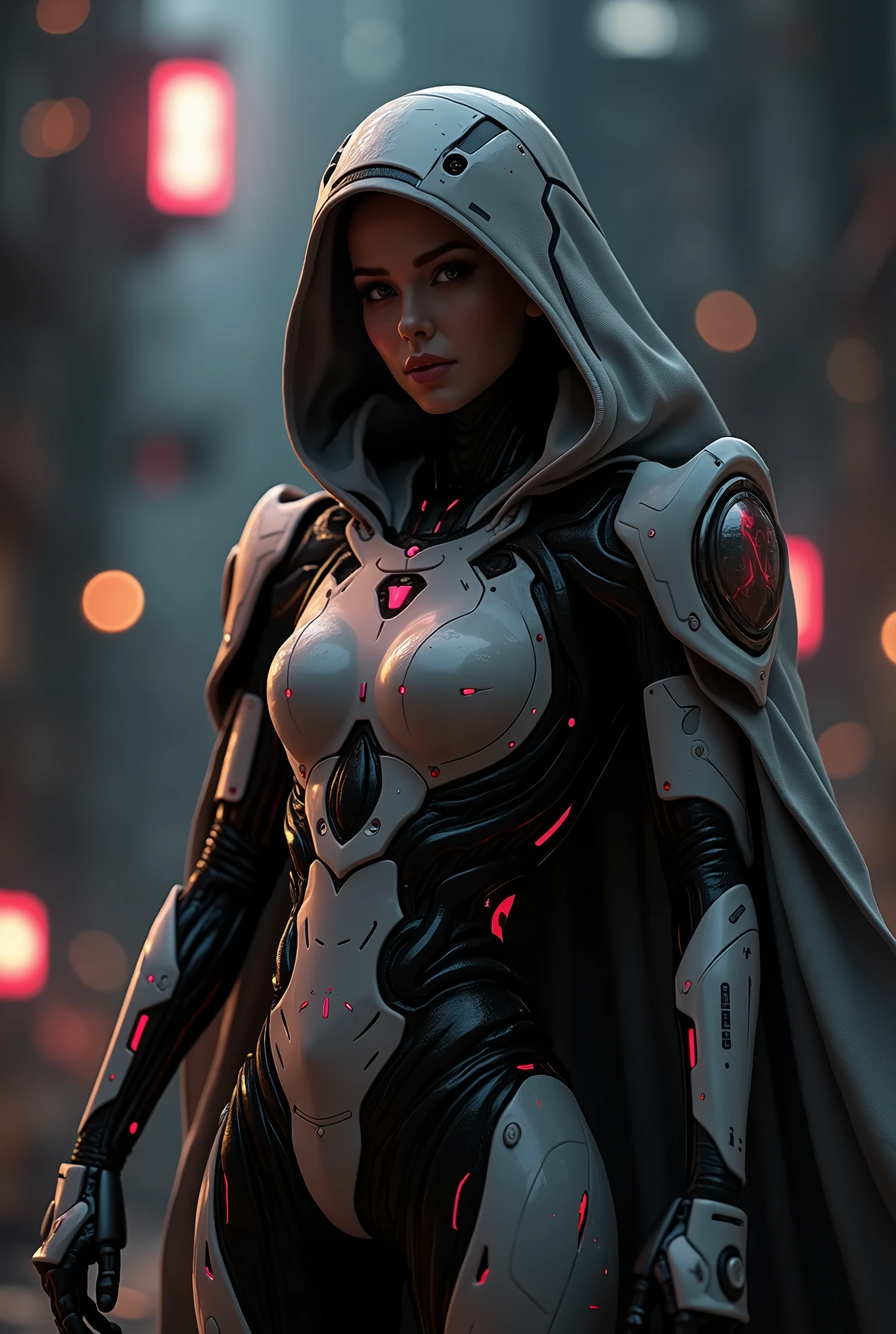 A cyberhag, a mesmerizing figure of metal and technology, (graceful curves:1.1), encapsulated in a seamless blend of wires and mechanical limbs, (intricately detailed:1.2), HDR, (hyperdetailed:1.3), cinematic shot, vignette, centered. Her expressive eyes, a mix of glowing red LED lights, reflect an enigmatic and captivating allure, as she poses with a sultry smile. The intricate web of wires and gears, beneath her shimmering metallic exterior, glint with an ethereal luminescence. This cybernetic hag is a master