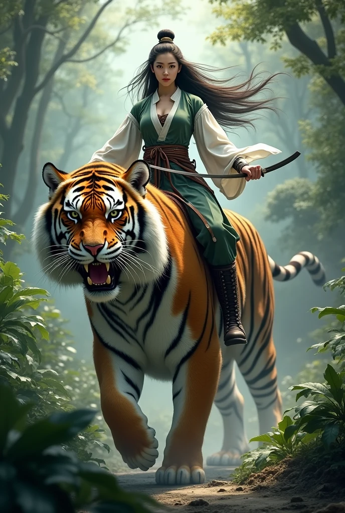 1 beautiful Korean adult woman,smile,long hair blowing in the wind.wearing a Chinese war shirt,and trousers.war boots.holding a sword.war style.strong.riding a giant tiger in the jungle, very big tiger, front look, facial details.
