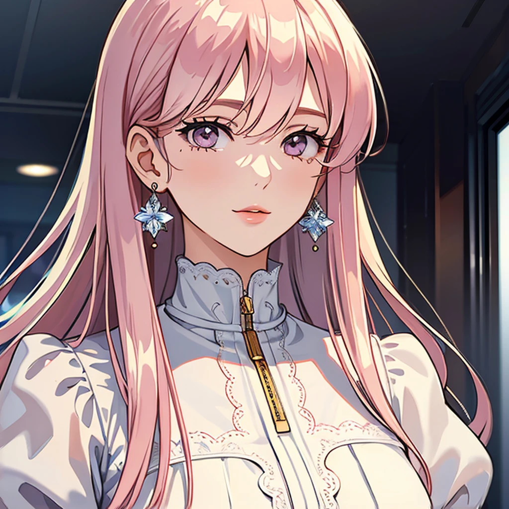 (masterpiece, high quality, 4k, 8k:1.4), 1girl, solo, pink hair, brown eyes, double-parted bangs, long hair, (mature female, mature:1.2), mole under eye, earrings, white strap flowy dress, close up, detailed face, beautiful detailed brown eyes, extremely detailed face, long eyelashes, intricate details, soft lighting, warm color palette, indoors