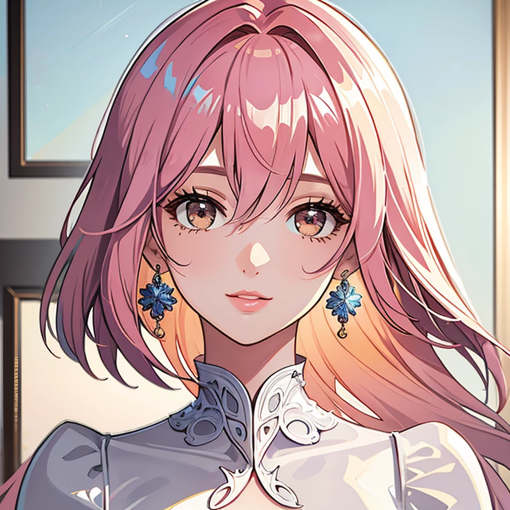 (masterpiece, high quality, 4k, 8k:1.4), 1girl, solo, pink hair, brown eyes, double-parted bangs, long hair, (mature female, mature:1.2), mole under eye, earrings, white strap flowy dress, close up, detailed face, beautiful detailed brown eyes, extremely detailed face, long eyelashes, intricate details, soft lighting, warm color palette, indoors