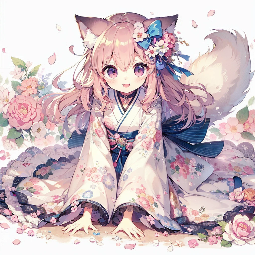 (Exquisite, beautiful, Very detailed, masterpiece, high quality,High resolution),(Well-formed face,Soft and thin lines,Beautiful and delicate illustrations with a mature and transparent feel, Pixiv-inspired anime illustration,A cute watercolor illustration of a beautiful girl in pastel colors that is going viral among Japanese people on Twitter),beautiful花々,petal,A tiny creature with fluffy, soft cat ears and a thin, long, flexible cat tail is on all fours, puffing out its chest and looking happy and relaxed.,She is wearing fluffy, soft clothes with lace, frills, and ribbons, and knee-high socks.,(Short eyebrows and pale pink blush, Plump pink lips,A small nose, a cat-like mouth with sharp Japanese fangs visible when smiling, and cat-like eyes.,She has a fairly large bust, an open chest, fair skin, a nice body, and a long, slender cat's tail.,),Dynamic angles with vibrant colors and striking colors,The fur is fluffy and soft,