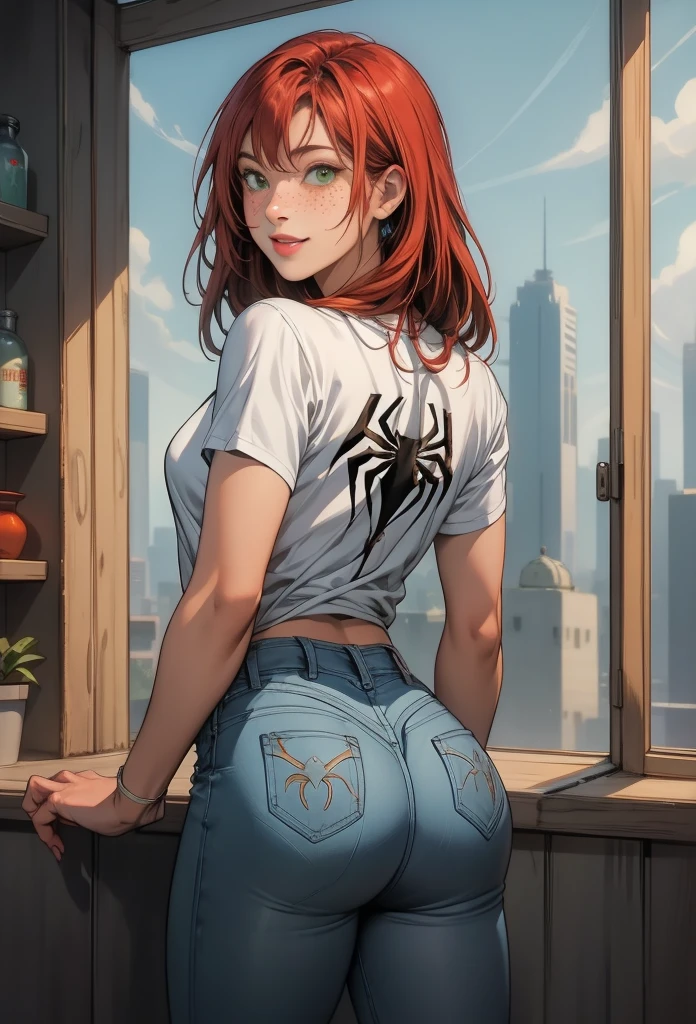 perfect eyes:1.2, detailed eyes:1.4, smile, MJW, long hair, freckles, green eyes, red hair, white shirt with spiderman logo, spiderman logo, short sleeves, jeans pants, cowboy shot, 1girl, solo, (masterpiece:1.6, best quality), 8k, insane details, intricate details, hyperdetailed, hyper quality, high detail, ultra detailed, professional, HDR, ray tracing reflection, cinematic lighting,