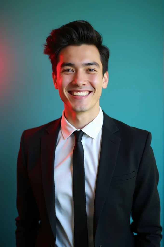 A young man with dark hair and a confident smile. He is wearing a white shirt and a black blazer over a black tie. The man is standing on an aqua colored background with a subtle red light on the left side. And she's posing for LinkedIn profiles