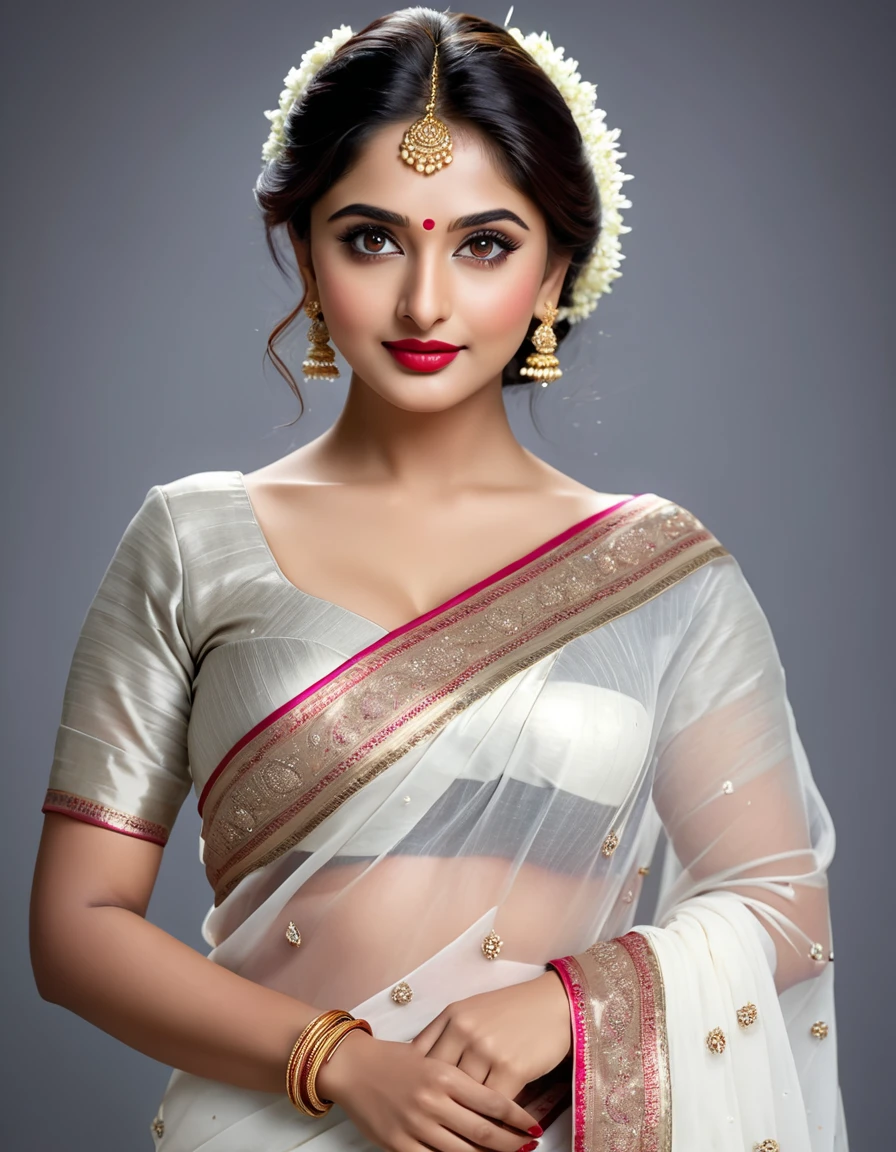 perfect pink eyes, fantastic face, Indian, beautiful look, ((red lips, bright eyes, curve heir 1.5)), not sagging breast), A glorious gorgeous, glorious gorgeous face, pretty face, bright eyes, white saree, updo elegant hair, blurred gray tones background, ultra focus, face illumined, face detailed, 8k resolution, ultra realistic, ((Full Open )), full body, sexy open thin belly, night ambience. so realistic face.