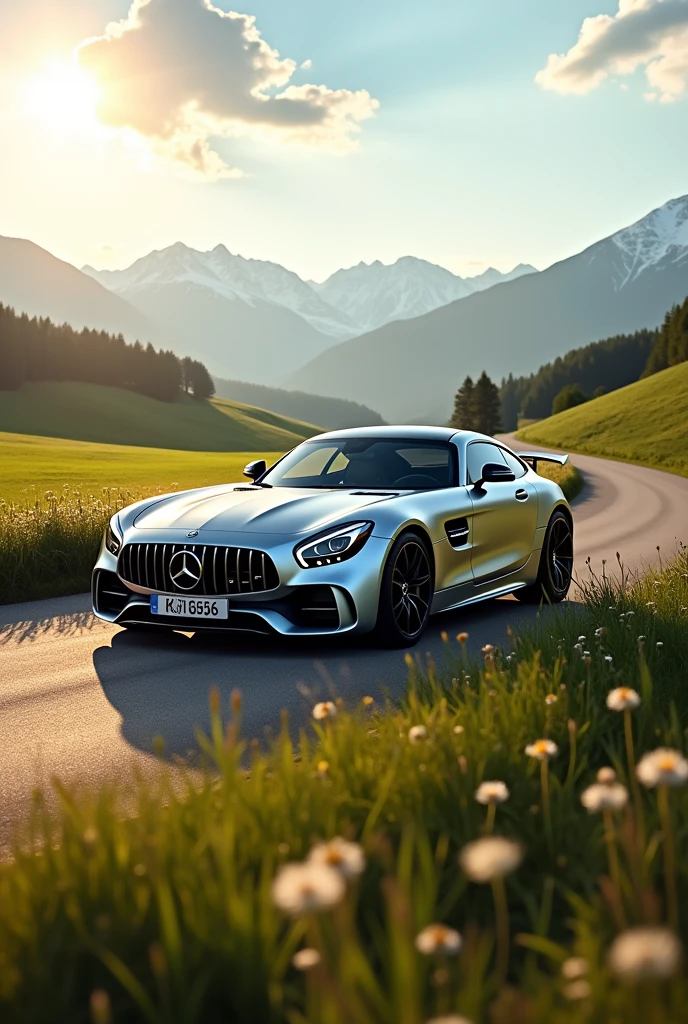 Mercedes Benz, car photography, Country road, European landscape, sunny weather