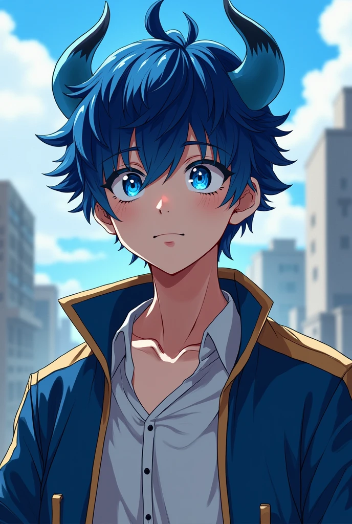 Create a male anime character similar to Deku with blue hair with blue horns at the beginning and white at the end with blue eyes, white skin and clothes similar to Deku's