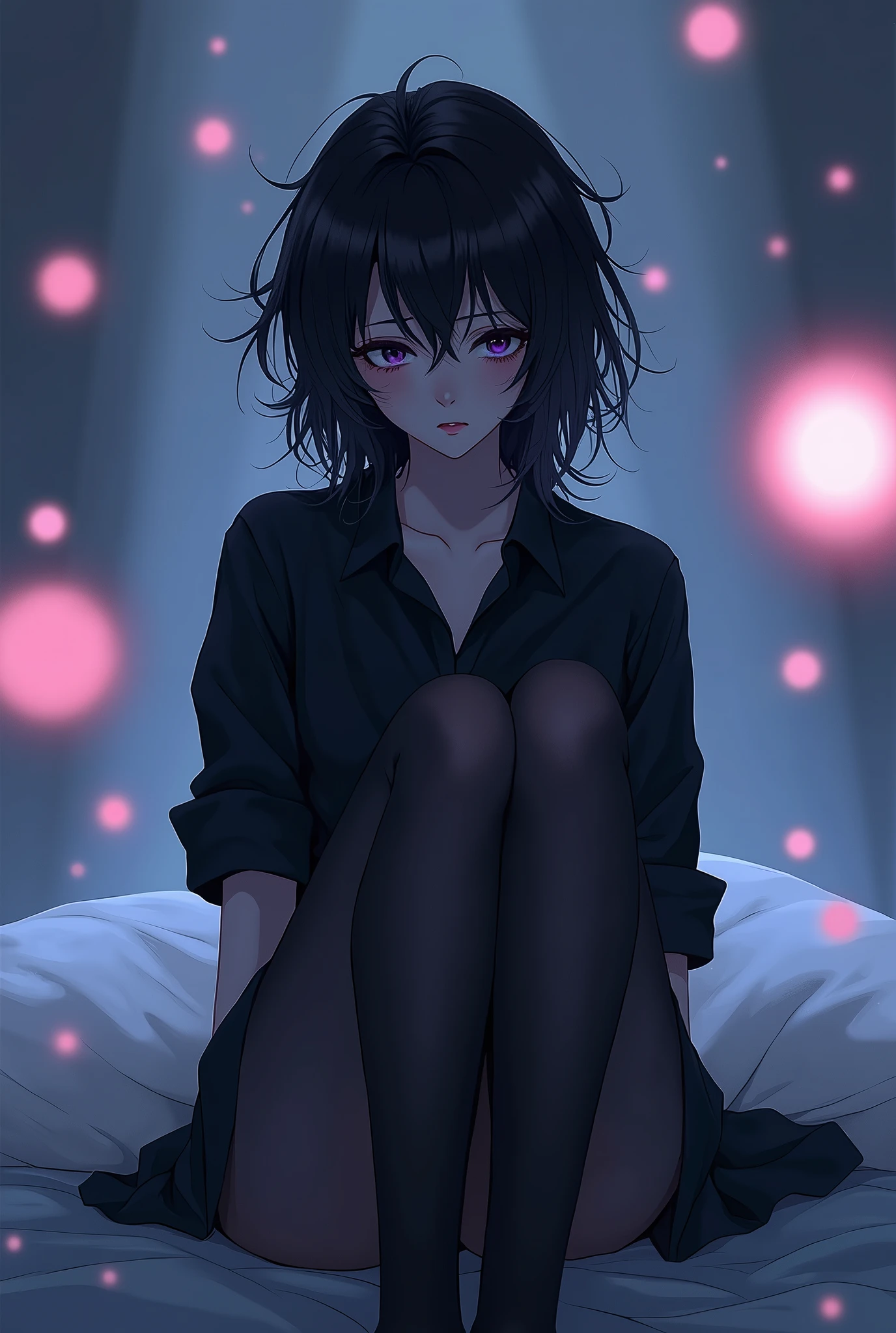 masterpiece, best quality, extremely detailed CG unity 8k wallpaper, anime illustration, best quality, bags under eyes, 1girl, goth, black shirt, rolled up sleeves messy hair, sitting on bed, bangs, black stockings, bokeh photography, (soft focus):1.2, out-of-focus highlights, dreamy ambiance, glowing circles, mesmerizing depth,Depth of written boundary