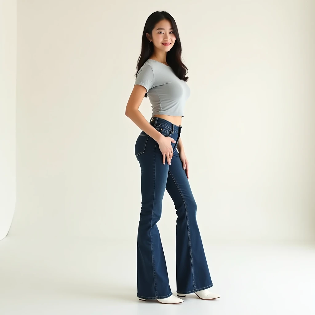 image captured with a Sony α7 III camera, full body shot, hourglass body figure A figure with a narrow, defined waist, balanced proportions between a full bust and rounded hips, creating a smooth, curvy silhouette., young Asian woman early 20's, flared jeans in dark Blue color, fitted waist tee in gray color, standing, white shoes, creamy white background.