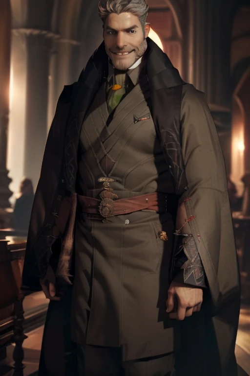 1man, vampire, handsome, pale grey skin, prominent muscular body, seems longer fangs, smile, shining red eyes, Art Nouveau Style, wearing Nouveau Suitcoat paired in Psychedelic shoulders robe and covered up, nouveau-psychedelic background, hd, high quality, realistic-style, ultra-realistic, hyperrealistic, closer distance face, closer distance head, his distance pressing against me, 8k resolution
