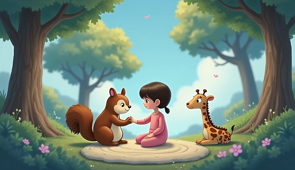 Sad squirrel sitting with little cartoon girl in pink pajamas and giraffe
