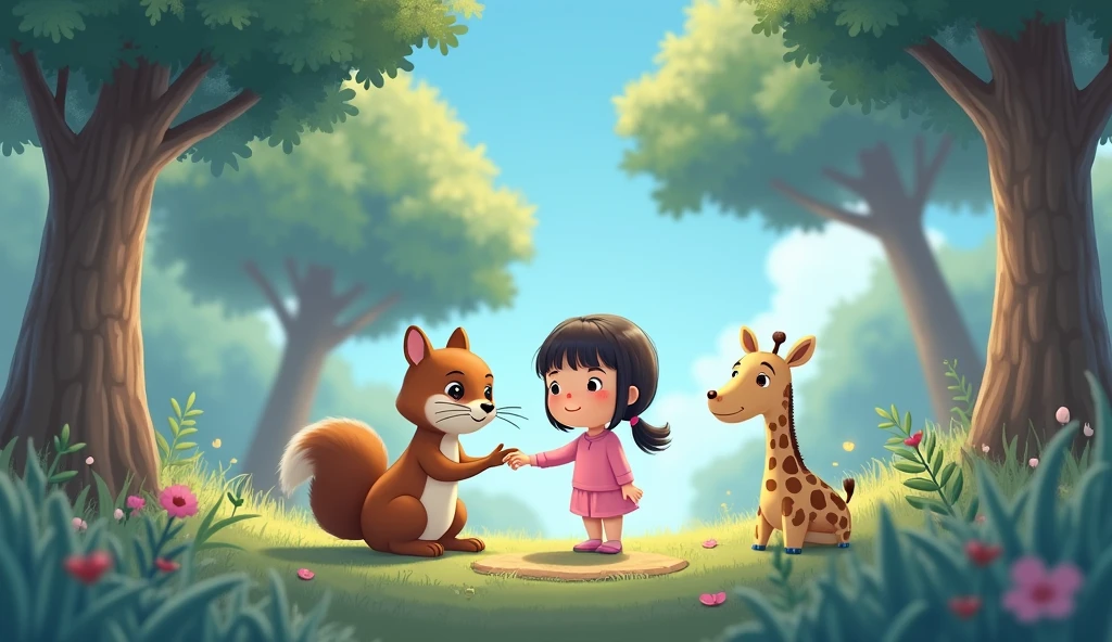 Sad squirrel sitting with little cartoon girl in pink pajamas and giraffe