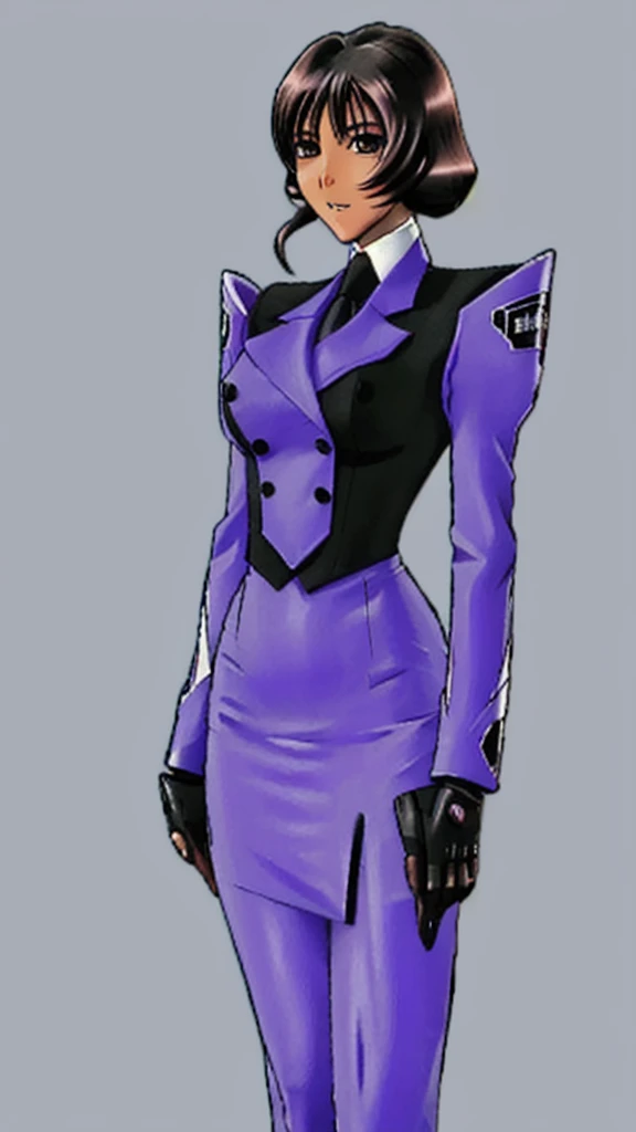 90s anime Skinny Black skinned business woman in a purple double breasted skirt suit , black skirt , and tie full body skinny