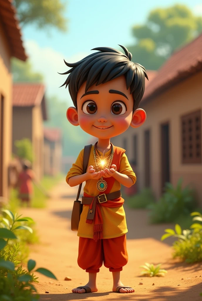 In cinematic 3d cartoon style '**Title: मोहन की अच्छाई**

**Description:** A picturesque village scene featuring a young, hardworking boy named मोहन in traditional attire, working diligently in a field. In the background, there is a glimpse of a small, simple village with modest houses. The focus is on मोहन discovering a beautiful, sparkling piece of jewelry in the field. The jewelry is prominently displayed, reflecting its beauty. In another part of the scene, मोहन is seen presenting the jewelry to the village chief, who looks impressed. Finally, depict मोहन using the money received from the chief to repair a village school and helping impoverished villagers. The overall atmosphere should be warm and filled with a sense of community and goodwill'