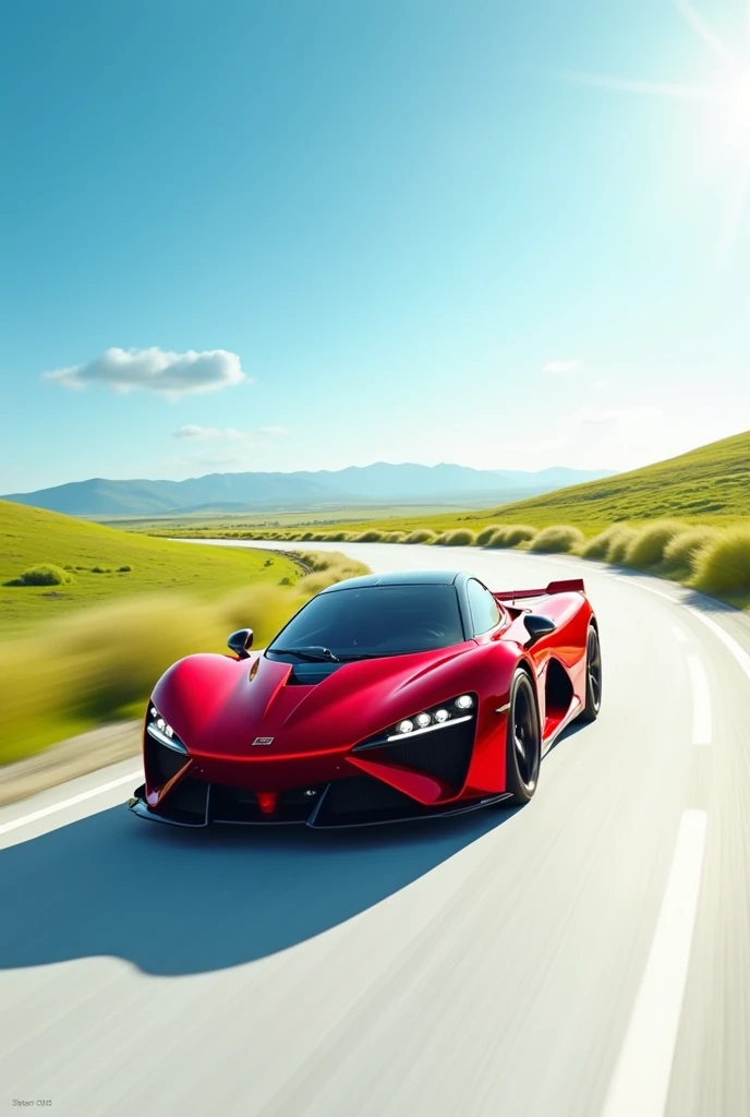A red car driving on white road