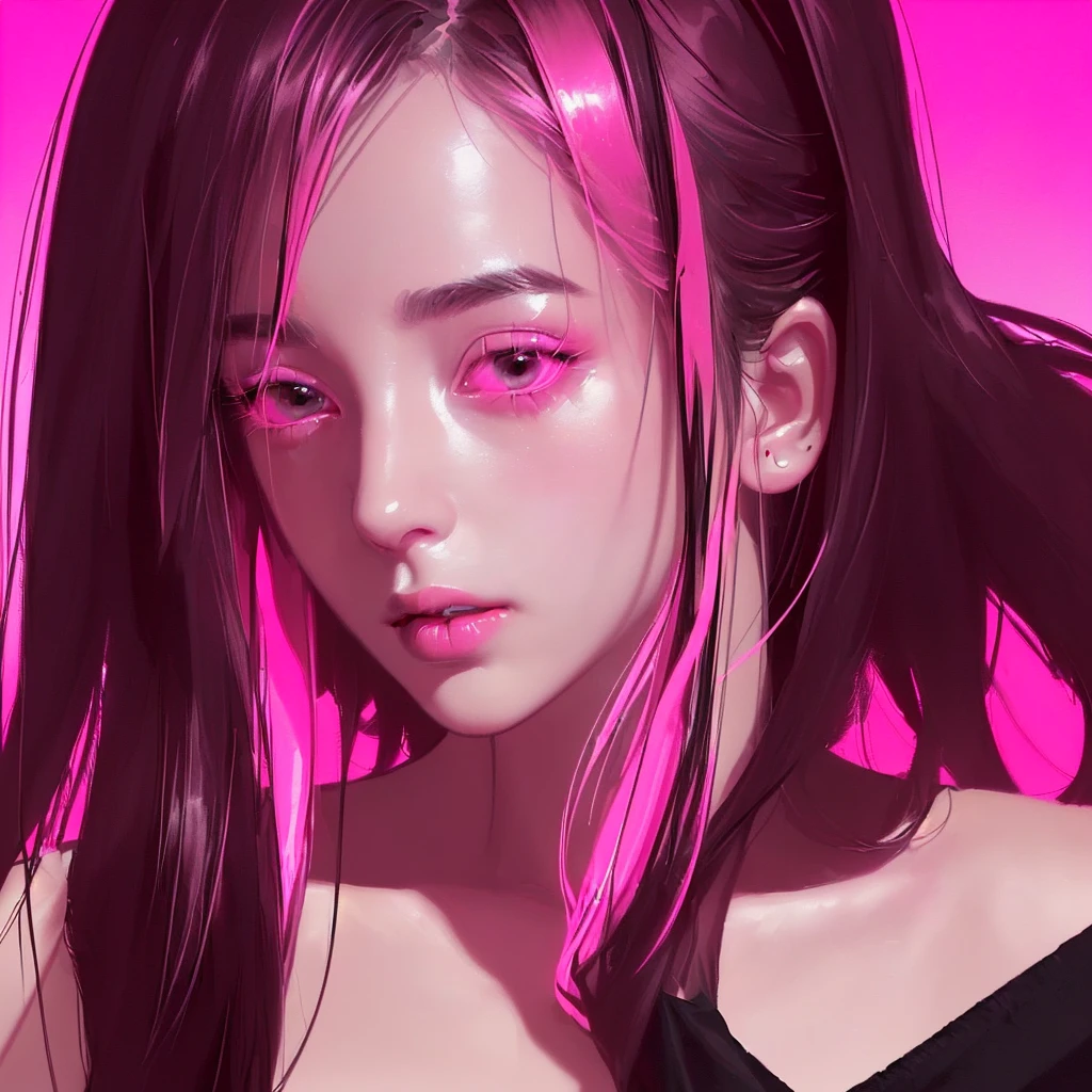Cinema Lighting, Realistic,Studio Lighting, Pink and black colors, Hold a cigarette、Gaze, Squint your eyes、Lift your chin、Neon background,Anatomically correct, 
