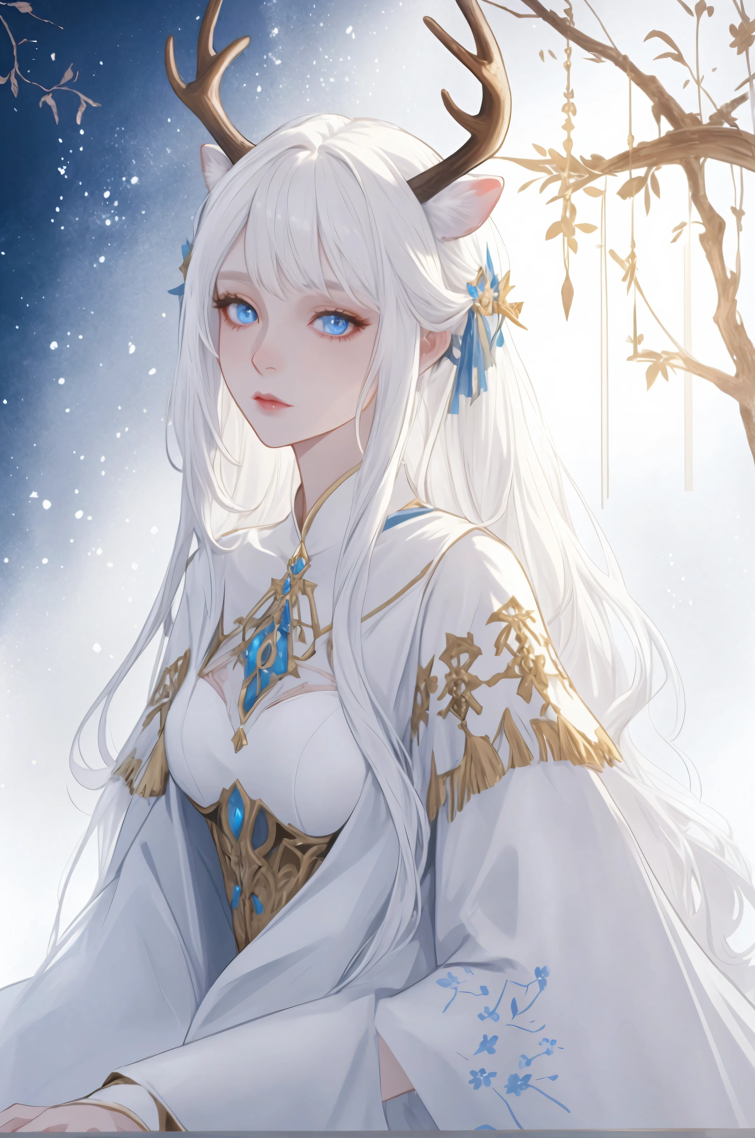 Mature woman, solo female, deer ears, deer girl, deer horns, hidden ears, white hair, long hair, blue eyes, pale skin, fantasy clothing, top quality, ultra definition, Illustration, high resolution, fantasy background