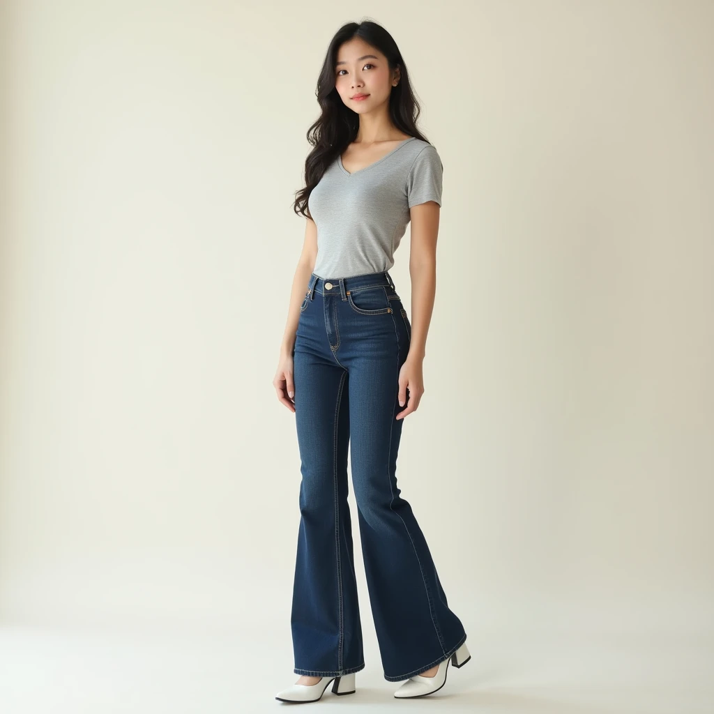 image captured with a Sony α7 III camera, full body shot, hourglass body figure A figure with a narrow, defined waist, balanced proportions between a full bust and rounded hips, creating a smooth, curvy silhouette., young Asian woman early 20's, flared jeans in dark Blue color, fitted waist tee in gray color, standing, white shoes, creamy white background.