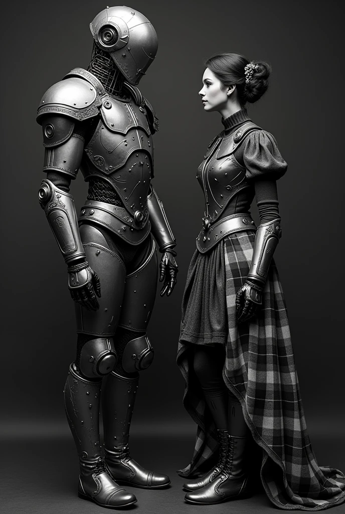 there is a robot and a woman dressed in costumes side by side, victorian science fiction inspired, hugh kretschmer, plaid attire, wearing ornate armor, daguerreotype photography, cinematography 2009, cinematic widescreen footage, black and white color photography, fashion photography fine art, cgsociety!, mad max style, scottish folklore, kenny mcbride