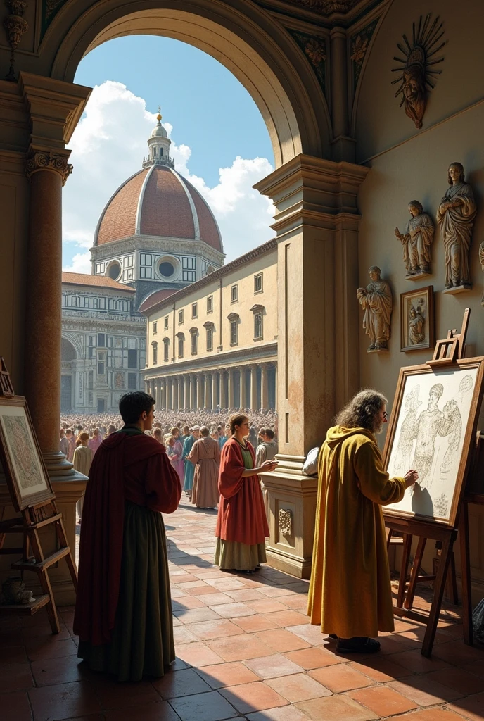 A vibrant scene from the Renaissance era in Florence, Italy, featuring artists like Leonardo da Vinci painting in a studio, surrounded by sculptures and sketches. Include a grand piazza with Renaissance architecture, people in period clothing, and the dome of the Florence Cathedral in the background."