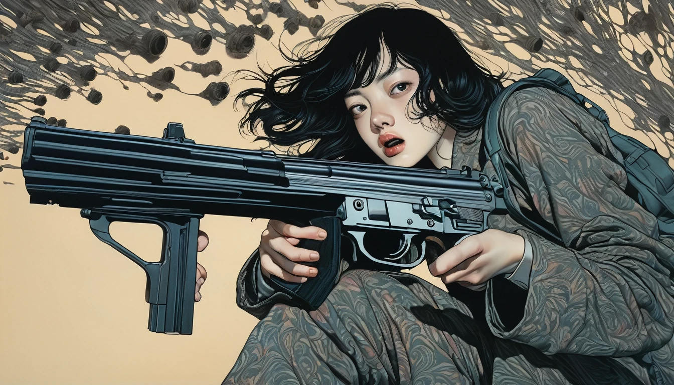 An illustration、art、Supervised by Junji Ito、Overaction、Overreaction、Pretending to be scared、Attention to detail, Realistic shadows、Analog Style, chromatic aberration, Surrealism、gun