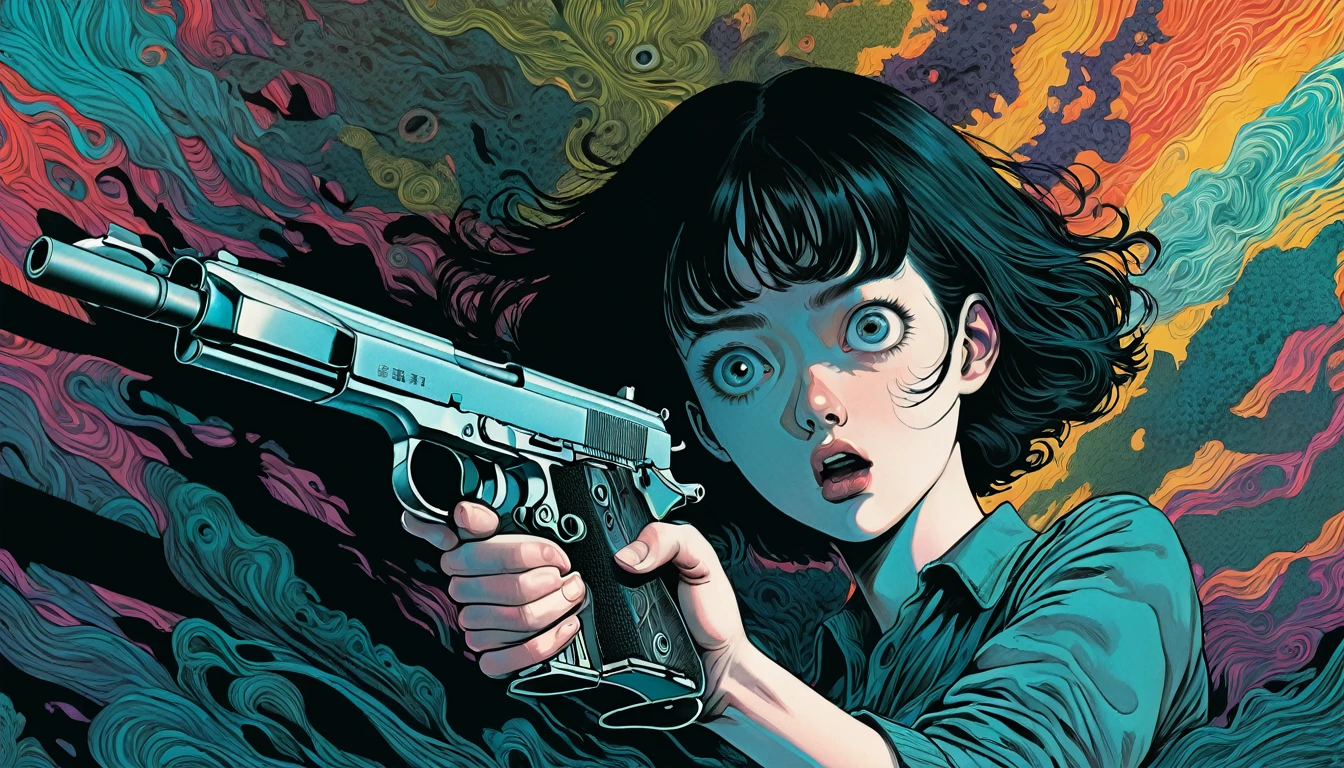 An illustration、art、Supervised by Junji Ito、Overaction、Overreaction、Pretending to be scared、Attention to detail, Realistic shadows、Analog Style, chromatic aberration, Surrealism、gun