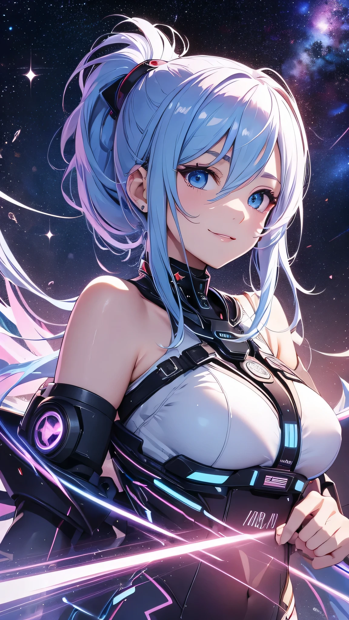 最high quality、Best image quality、masterpiece、and((cute、1、Best Bust、Medium Bust、Beautiful Blue Eyes、Spread your chest wide,Pastel colored hair、ponytail、Disheveled Hair、thin、Highest valley、Cyber Suit、smile、necklace、Show the whole body、Cyber Wings、Random Pause、Cyber Shoes))high quality、Beautiful art、background((universe space)),Tabletop、Exquisite design、Visual Arts、Written boundary depth、Best lighting、Highest detail、8k