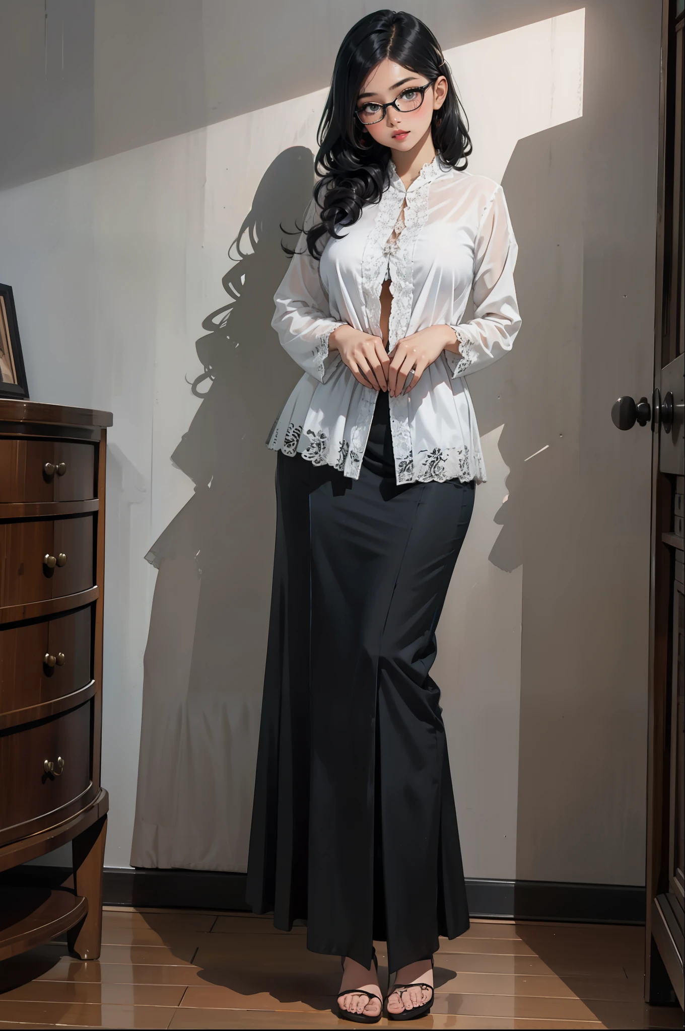 1 girl, black updo hair, glasses, tall girl, large breast, wearing traditional white lace kebaya and black tight long skirt, standing, inside bedroom, fullbody shot,, curios face, detail eyes, detail face, blushing, standing on floor, 