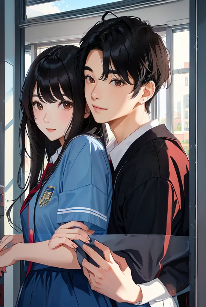 Masterpiece, Best Quality,High school building corridor、Backhug、Outside the window is the schoolyard