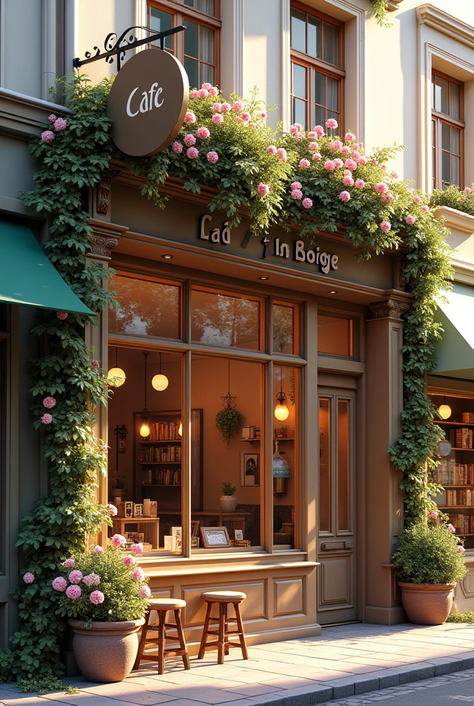 (photorealism:1.2), exterior, café, flower shop, book shop, soft lighting, flowers in sides, cozy room, realistic, intricate details, warm colors