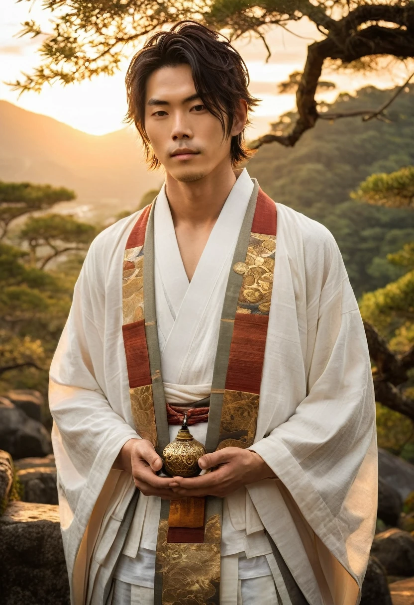 
Takeru stands once again at the ancient shrine, now bathed in the warm light of a setting sun. He holds the amulet close to his chest, a look of gratitude and peace on his face. The shrine and surrounding landscape are serene, with gentle rays of sunlight breaking through the clouds, symbolizing a new beginning. The composition captures both Takeru's growth and the tranquil beauty of his village restored to peace.

