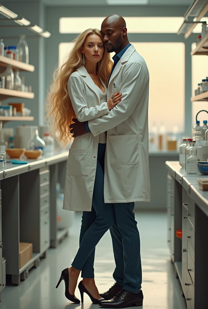 Light-skinned black woman with long blonde hair, thin woman in typical laboratory technician clothing wearing accessories such as earrings, rings and high heels hugging a bald black man, thin and tall with clothes typical of a laboratory technician in an environment with laboratory characteristics 