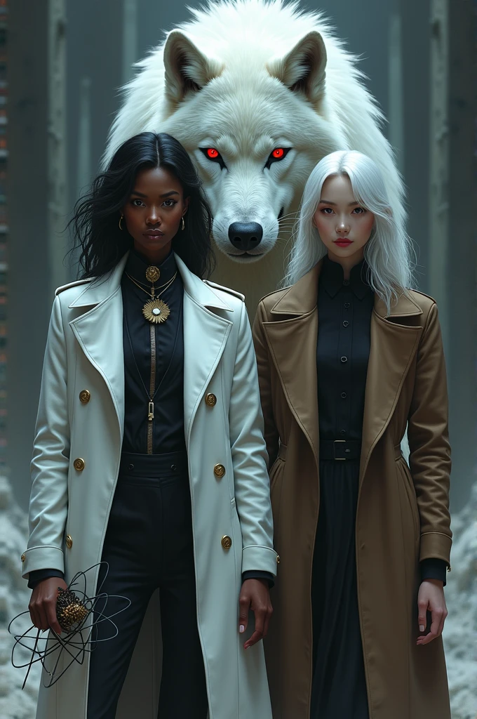 Une fille noire gothique avec une veste blanche et un atome dans la main, avec une fille asiatique à côté d'elle chemise noire cheveux blancs et un long manteau marron, derrière enfant un loup blanc avec un trou noir ( avec un regard agressif et des yeux rouges )