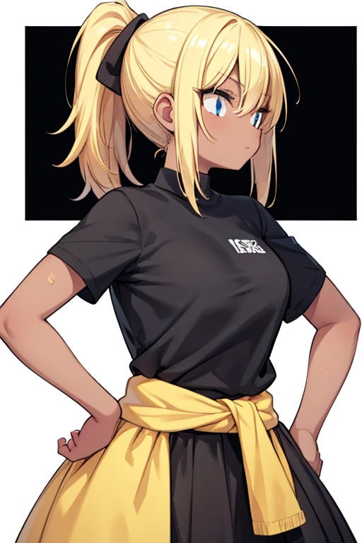 One person, High resolution,Textured skin,ponytail, Blonde, Sunburn,Black gal,Black Shirt,Wrap the jersey around your waist,Place hands on hips,.Profile of a skirt character, Gaze, 